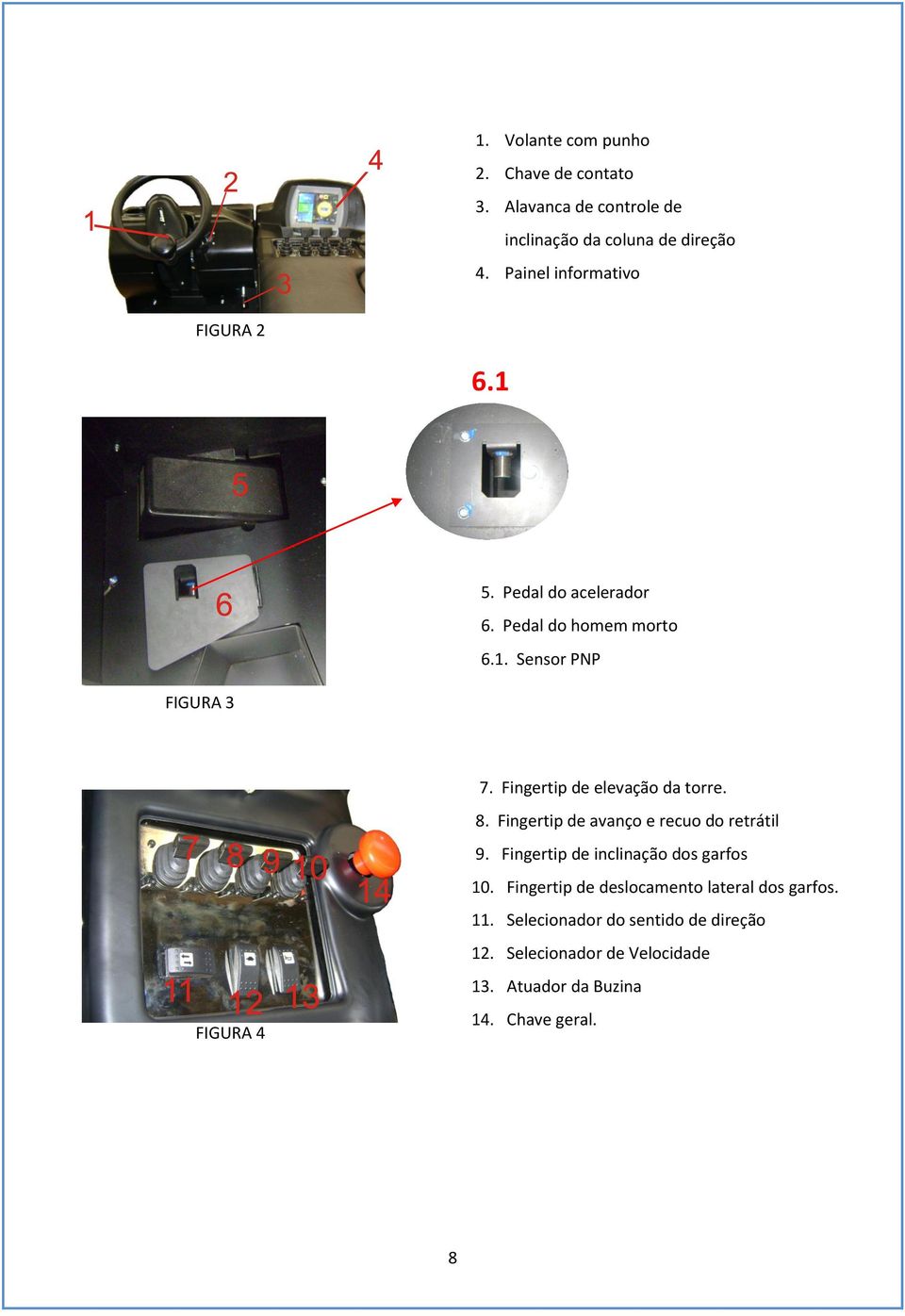 Fingertip de elevação da torre. 8. Fingertip de avanço e recuo do retrátil 9. Fingertip de inclinação dos garfos FIGURA 4 10.