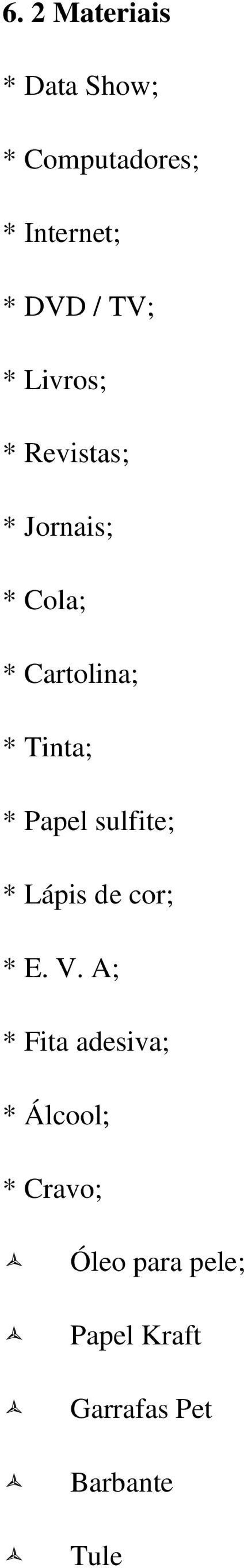 Tinta; * Papel sulfite; * Lápis de cor; * E. V.