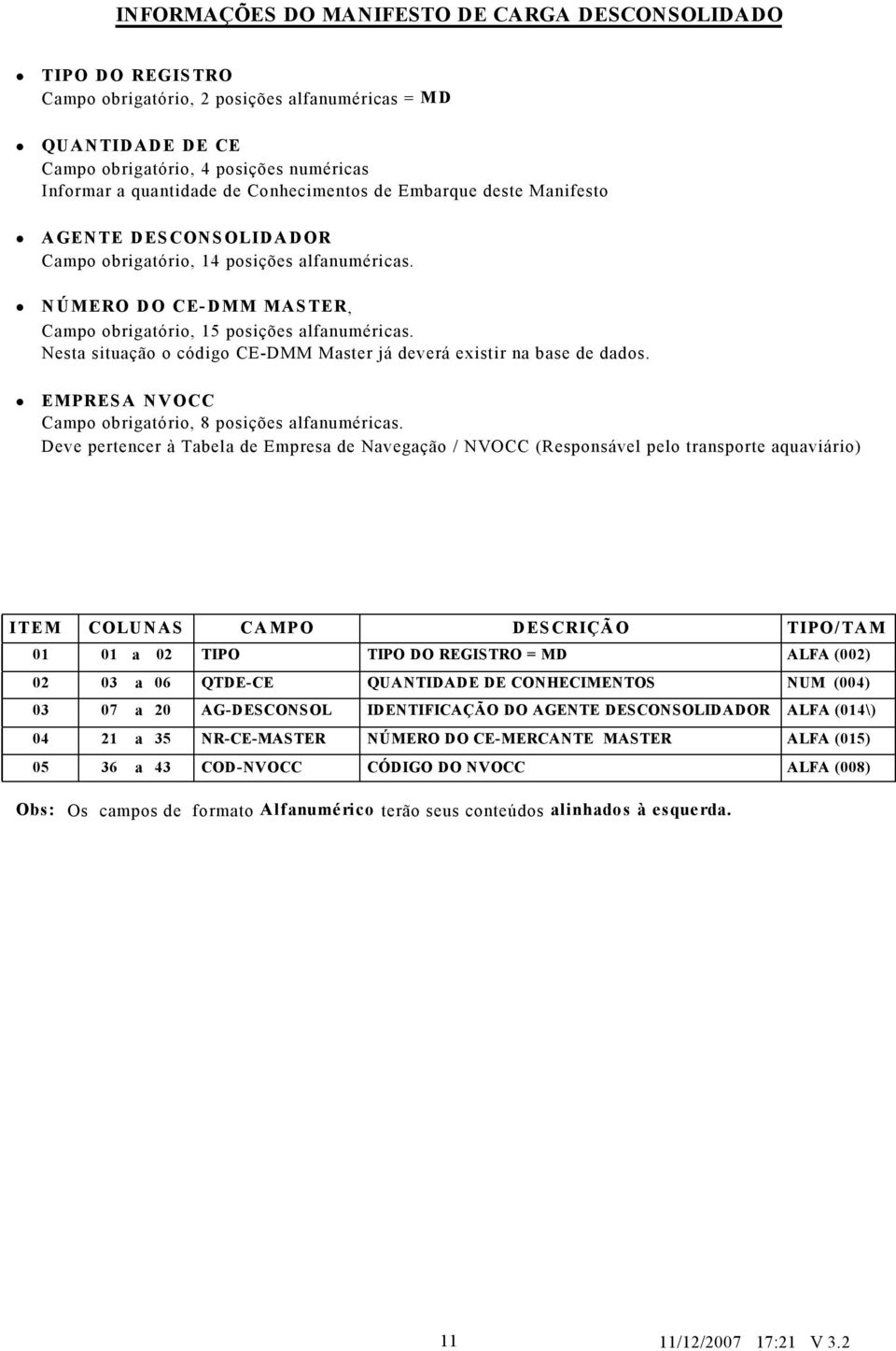 Nest situção o código CE-DMM Mster já deverá existir n bse de ddos. EMPRESA NVOCC Cmpo obrigtório, 8 posições lfnumérics.