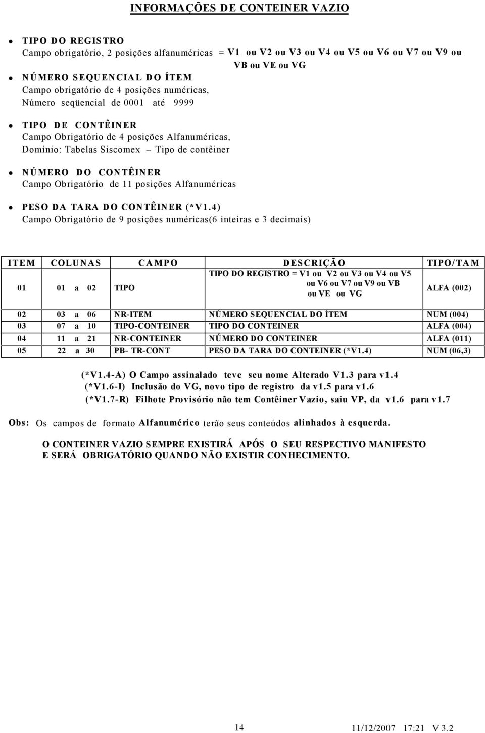 posições Alfnumérics PESO DA TARA DO CONTÊINER (*V1.