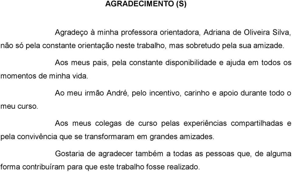 Ao meu irmão André, pelo incentivo, carinho e apoio durante todo o Aos meus colegas de curso pelas experiências compartilhadas e pela