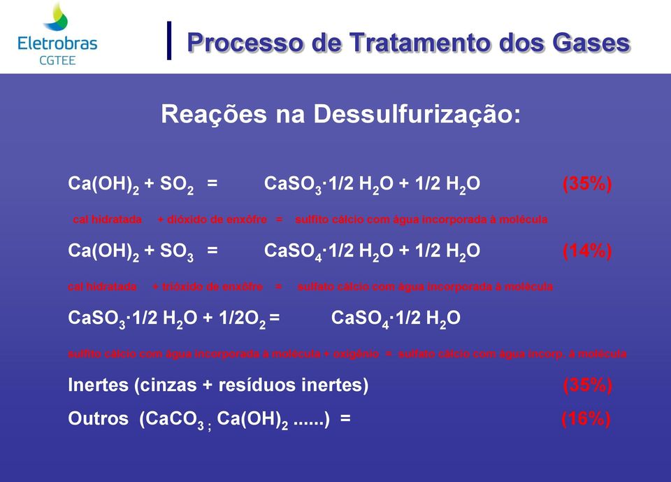 enxôfre = sulfato cálcio com água incorporada à molécula CaSO 3 1/2 H 2 O + 1/2O 2 = CaSO 4 1/2 H 2 O sulfito cálcio com água incorporada à