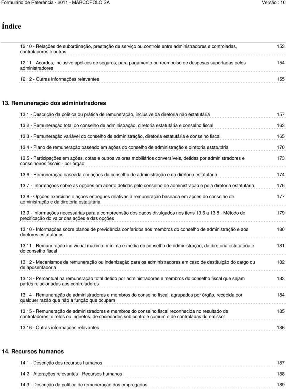 Remuneração dos administradores 13.1 - Descrição da política ou prática de remuneração, inclusive da diretoria não estatutária 157 13.