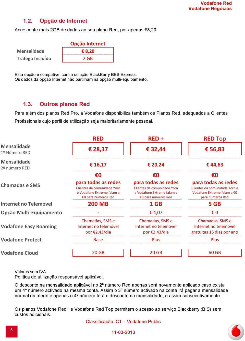 Outros planos Red Para além dos planos Red Pro, a Vodafone disponibiliza também os Planos Red, adequados a Clientes Profissionais cujo perfil de utilização seja maioritariamente pessoal.