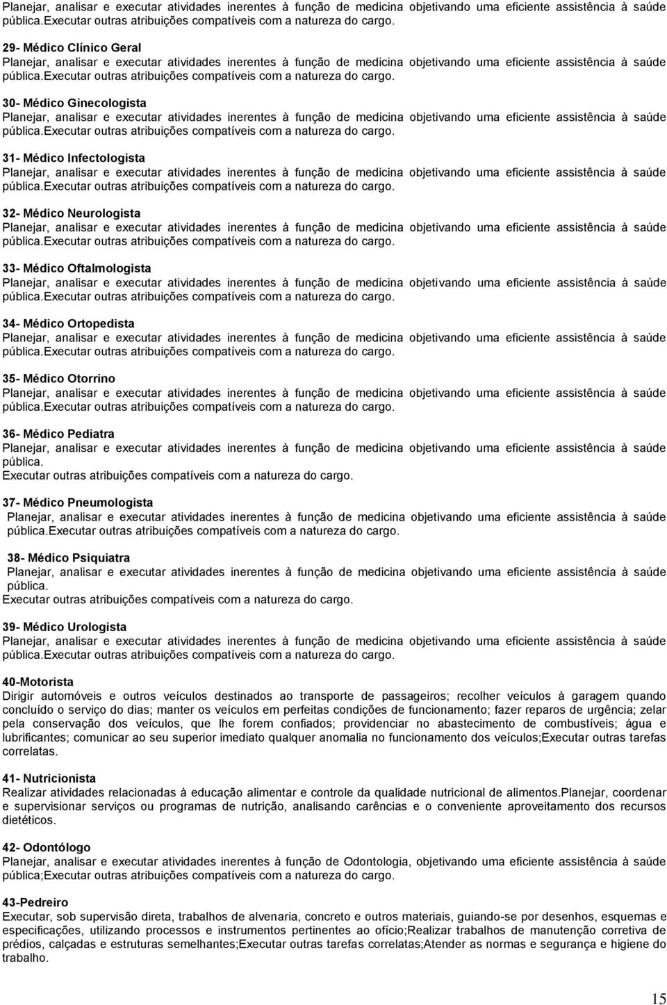Planejar, analisar e executar atividades inerentes à função de medicina objetivando uma eficiente assistência à saúde pública. Executar outras atribuições compatíveis com a natureza do cargo.