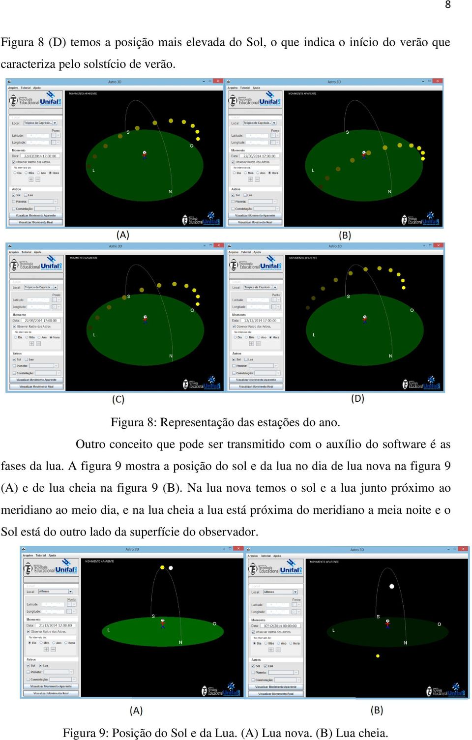 A figura 9 mostra a posição do sol e da lua no dia de lua nova na figura 9 (A) e de lua cheia na figura 9 (B).