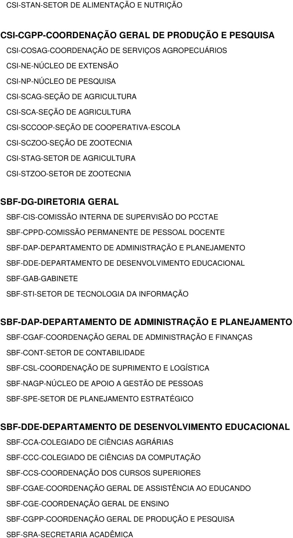 SBF-DG-DIRETORIA GERAL SBF-CIS-COMISSÃO INTERNA DE SUPERVISÃO DO PCCTAE SBF-CPPD-COMISSÃO PERMANENTE DE PESSOAL DOCENTE SBF-DAP-DEPARTAMENTO DE ADMINISTRAÇÃO E PLANEJAMENTO SBF-DDE-DEPARTAMENTO DE