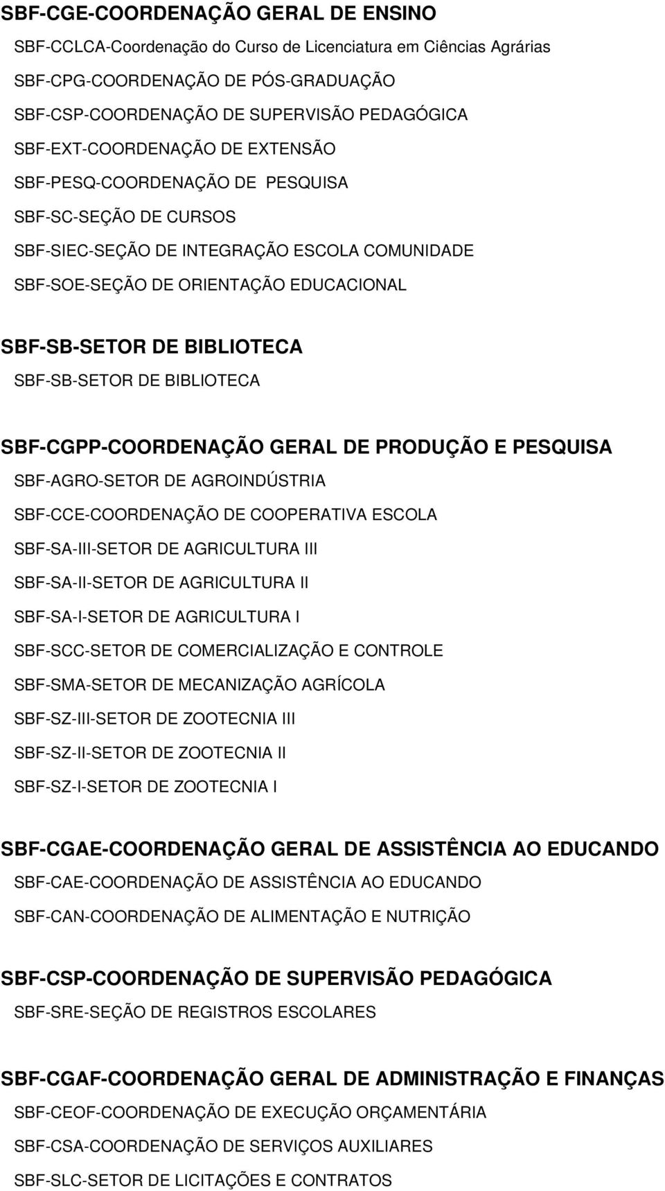 BIBLIOTECA SBF-SB-SETOR DE BIBLIOTECA SBF-CGPP-COORDENAÇÃO GERAL DE PRODUÇÃO E PESQUISA SBF-AGRO-SETOR DE AGROINDÚSTRIA SBF-CCE-COORDENAÇÃO DE COOPERATIVA ESCOLA SBF-SA-III-SETOR DE AGRICULTURA III