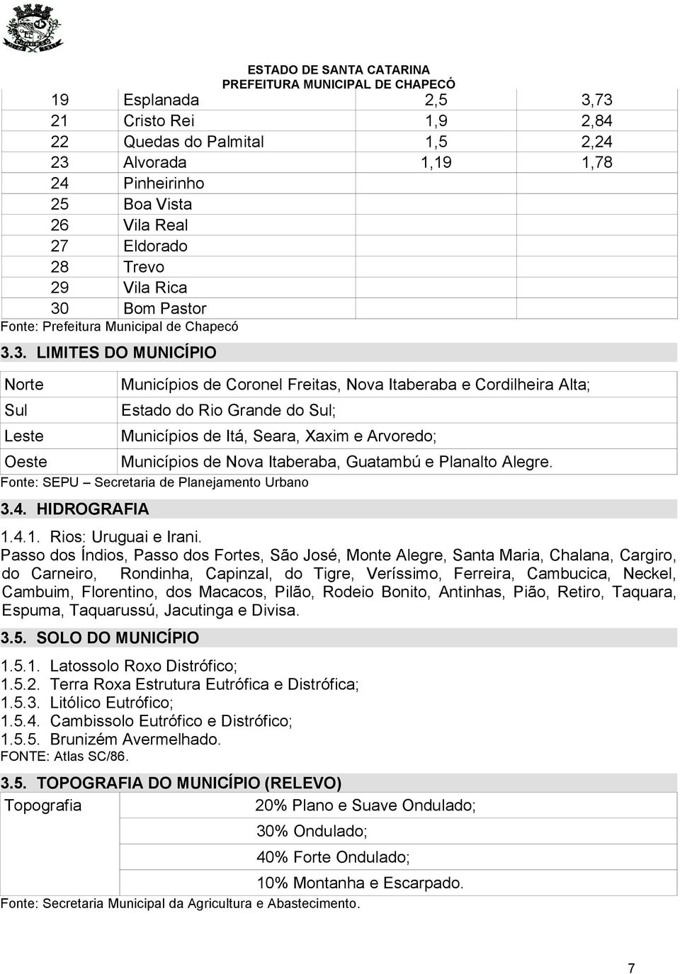 3. LIMITES DO MUNICÍPIO Norte Sul Leste Municípios de Coronel Freitas, Nova Itaberaba e Cordilheira Alta; Estado do Rio Grande do Sul; Municípios de Itá, Seara, Xaxim e Arvoredo; Oeste Municípios de