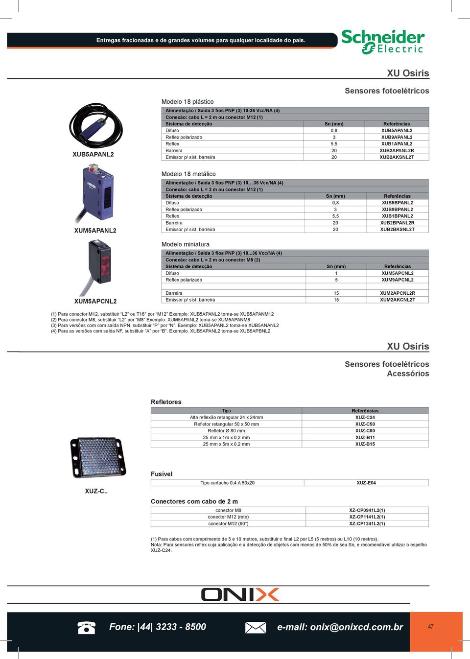 ..36 Vcc/NA (4) Conexão: cabo L = 2 m ou conector M12 (1) Sistema de detecção Sn (mm) Difuso 0,8 XUB5BPANL2 Reflex polarizado 3 XUB9BPANL2 Reflex 5,5 XUB1BPANL2 Barreira 20 XUB2BPANL2R Emissor p/ sist.