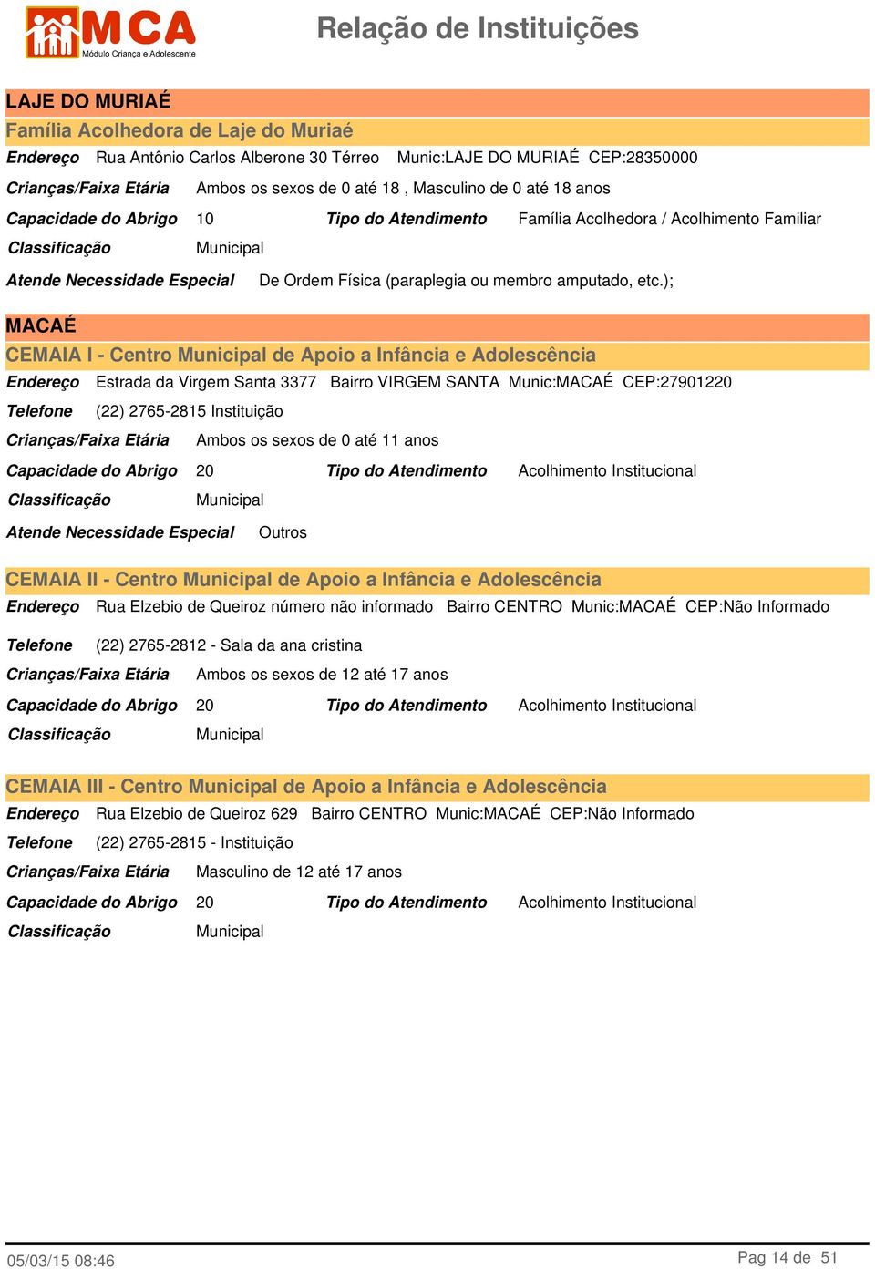 ); MACAÉ CEMAIA I - Centro de Apoio a Infância e Adolescência Estrada da Virgem Santa 3377 Bairro VIRGEM SANTA Munic:MACAÉ CEP:27901220 (22) 2765-2815 Instituição Ambos os sexos de 0 até 11 anos 20