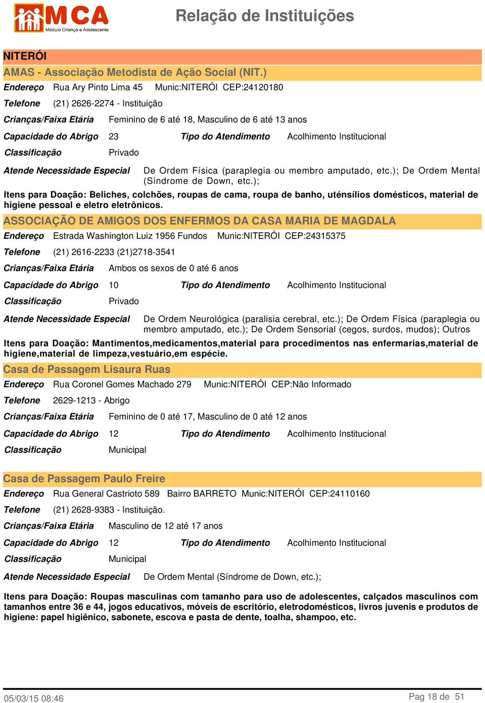 ); De Ordem Mental (Síndrome de Down, etc.); Itens para Doação: Beliches, colchões, roupas de cama, roupa de banho, uténsílios domésticos, material de higiene pessoal e eletro eletrônicos.