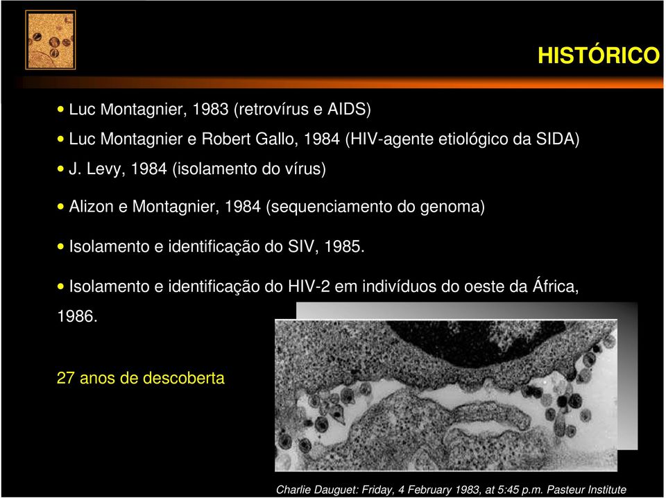 Levy, 1984 (isolamento do vírus) Alizon e Montagnier, 1984 (sequenciamento do genoma) Isolamento e