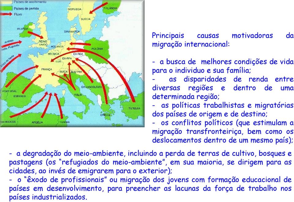 de um mesmo país); - a degradação do meio-ambiente, incluindo a perda de terras de cultivo, bosques e pastagens (os refugiados do meio-ambiente, em sua maioria, se dirigem para as cidades, ao invés