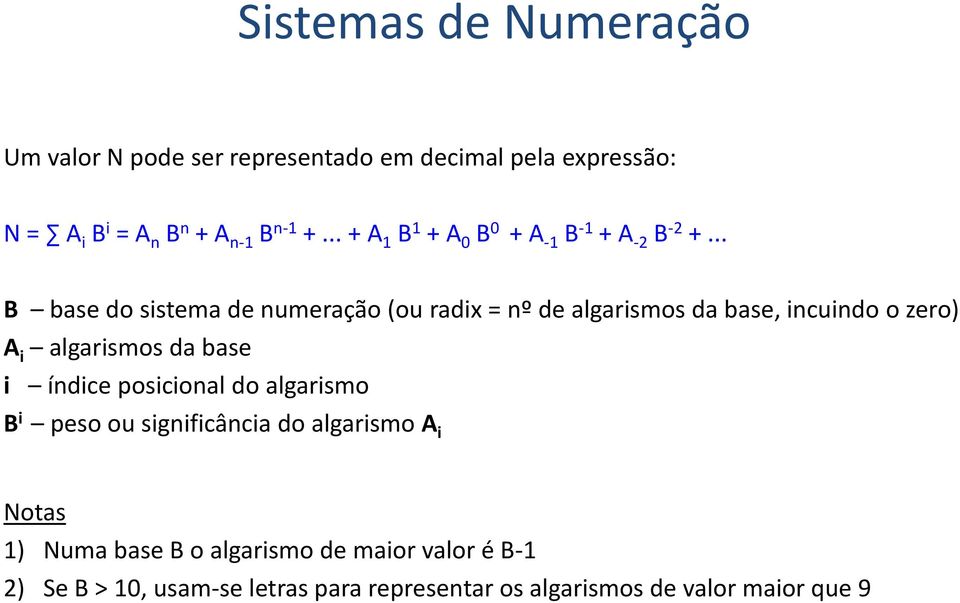 .. B base do sistema de numeração (ou radix = nº de algarismos da base, incuindo o zero) A i algarismos da base i índice