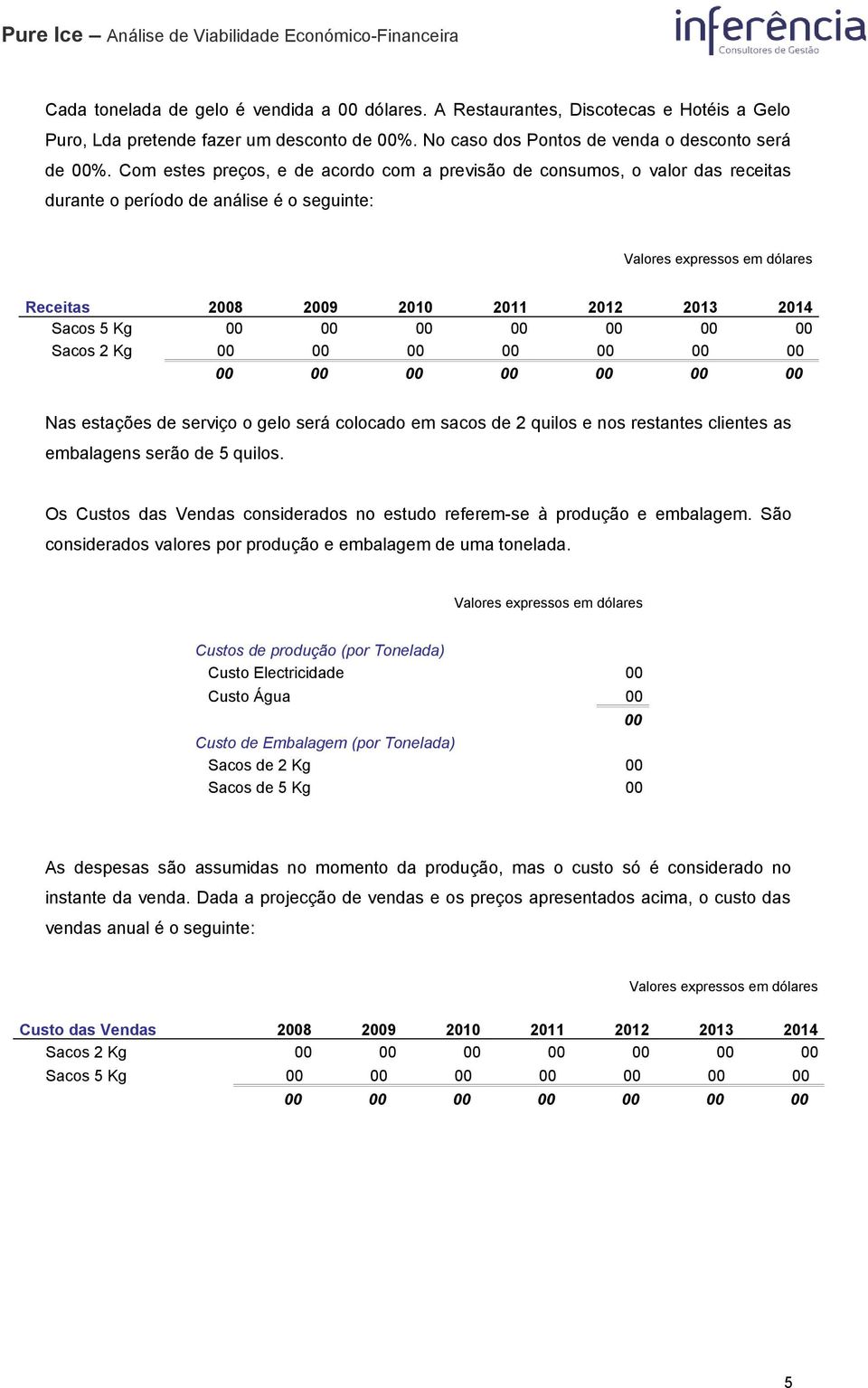 estações de serviço o gelo será colocado em sacos de 2 quilos e nos restantes clientes as embalagens serão de 5 quilos. Os Custos das Vendas considerados no estudo referem-se à produção e embalagem.