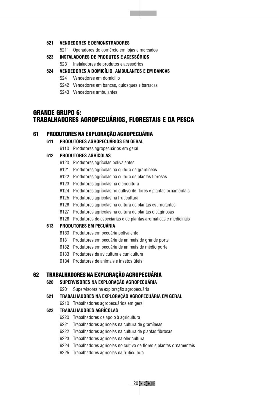 PRODUTORES NA EXPLORAÇÃO AGROPECUÁRIA 611 PRODUTORES AGROPECUÁRIOS EM GERAL 6110 Produtores agropecuários em geral 612 PRODUTORES AGRÍCOLAS 6120 Produtores agrícolas polivalentes 6121 Produtores