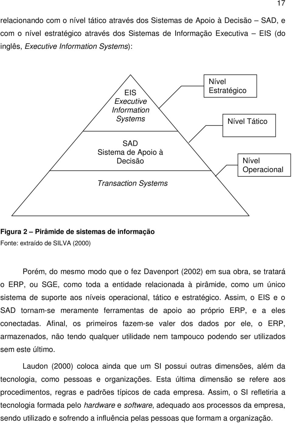 SILVA (2000) Porém, do mesmo modo que o fez Davenport (2002) em sua obra, se tratará o ERP, ou SGE, como toda a entidade relacionada à pirâmide, como um único sistema de suporte aos níveis