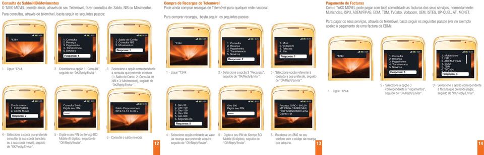 Para comprar recargas, basta seguir os seguintes passos: Pagamento de Facturas Com o TAKO MÓVEL pode pagar com total comodidade as facturas dos seus serviços, nomeadamente: Multichoice, ISPU,