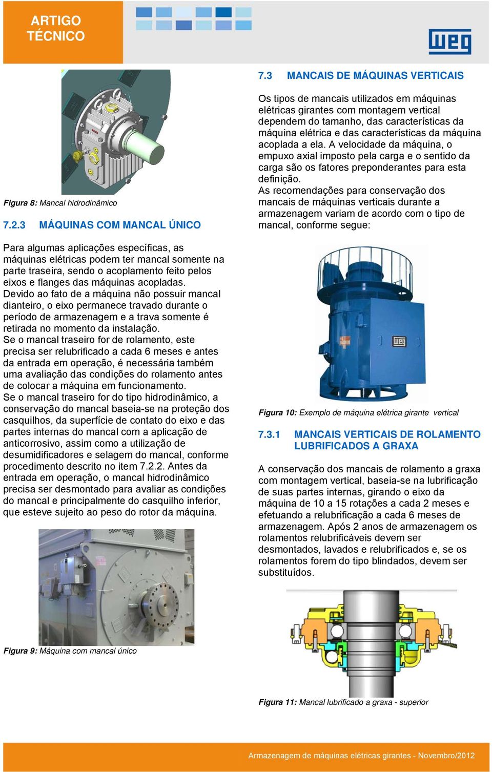 acopladas. Devido ao fato de a máquina não possuir mancal dianteiro, o eixo permanece travado durante o período de armazenagem e a trava somente é retirada no momento da instalação.