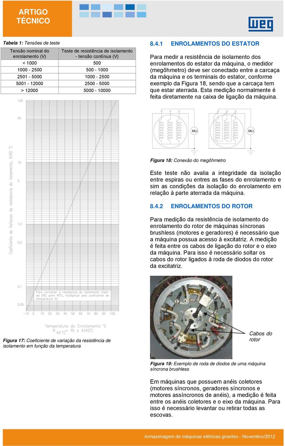 1 ENROLAMENTOS DO ESTATOR Para medir a resistência de isolamento dos enrolamentos do estator da máquina, o medidor (megôhmetro) deve ser conectado entre a carcaça da máquina e os terminais do