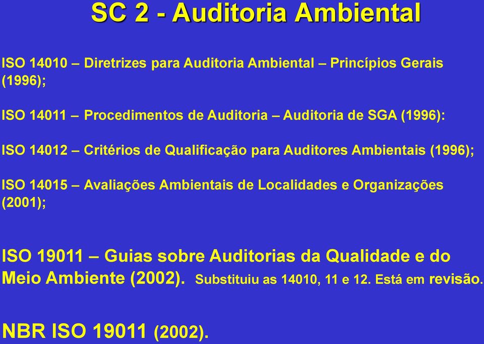 Ambientais (1996); ISO 14015 Avaliações Ambientais de Localidades e Organizações (2001); ISO 19011 Guias sobre