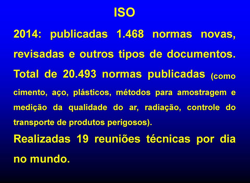 493 normas publicadas (como cimento, aço, plásticos, métodos para amostragem