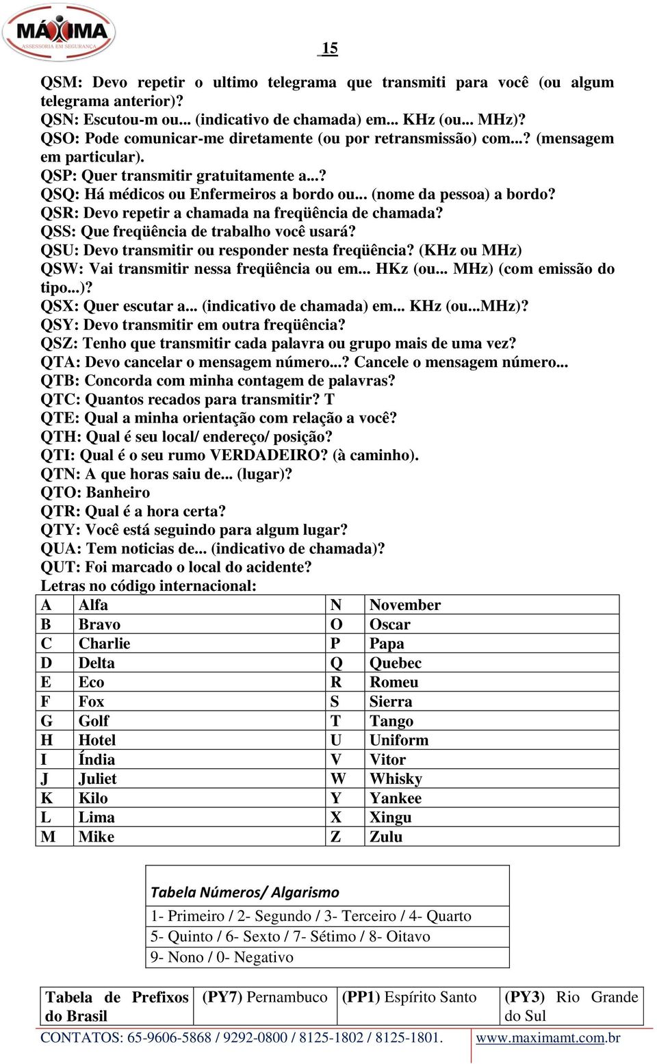 .. (nome da pessoa) a bordo? QSR: Devo repetir a chamada na freqüência de chamada? QSS: Que freqüência de trabalho você usará? QSU: Devo transmitir ou responder nesta freqüência?