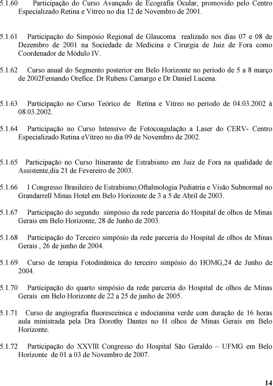 03.2002 à 08.03.2002. 5.1.64 Participação no Curso Intensivo de Fotocoagulação a Laser do CERV- Centro Especializado Retina evítreo no dia 09 de Novembro de 2002. 5.1.65 Participação no Curso Itinerante de Estrabismo em Juiz de Fora na qualidade de Assistente,dia 21 de Fevereiro de 2003.