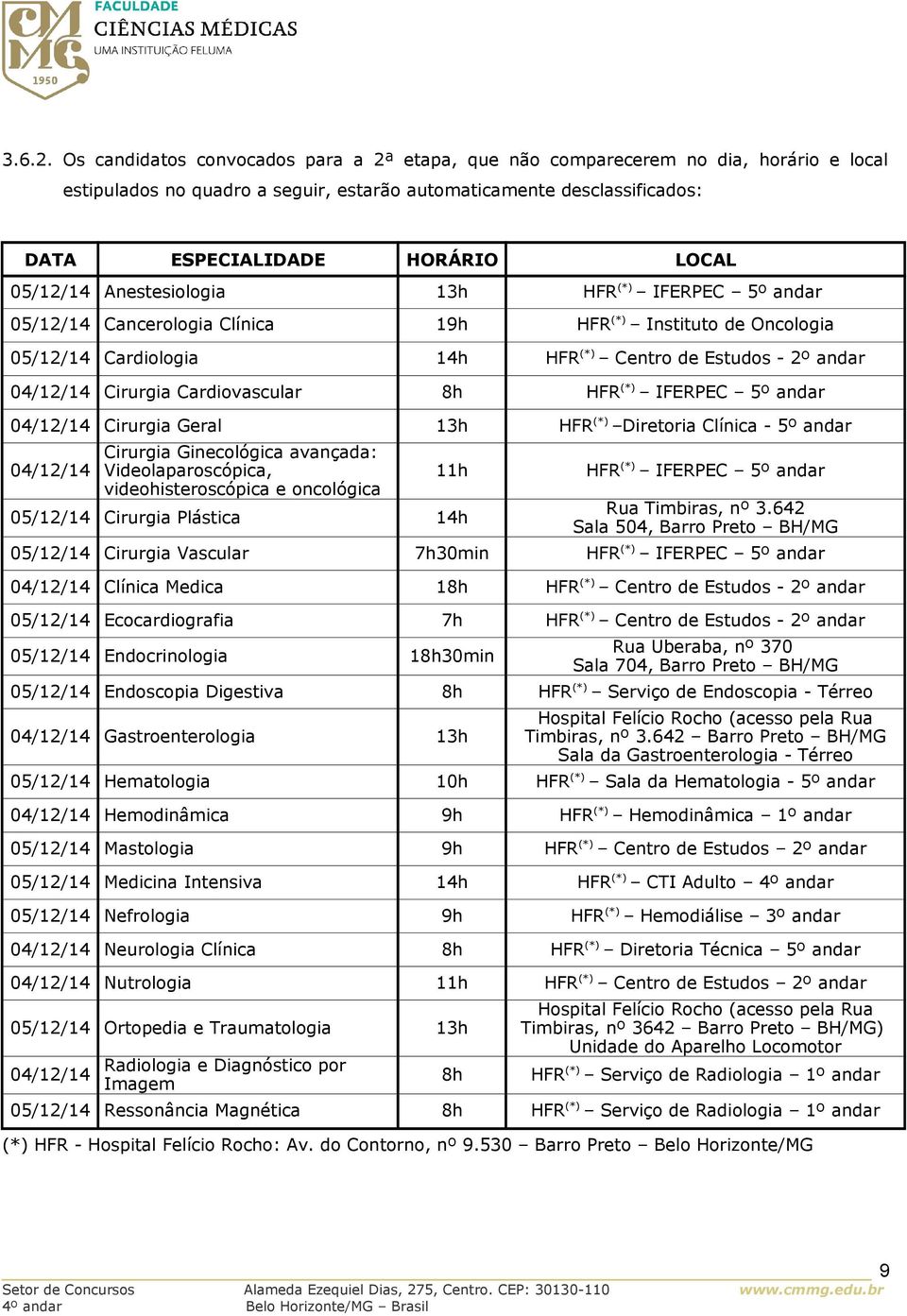05/12/14 Anestesiologia 13h HFR (*) IFERPEC 5º andar 05/12/14 Cancerologia Clínica 19h HFR (*) Instituto de Oncologia 05/12/14 Cardiologia 14h HFR (*) Centro de Estudos - 2º andar 04/12/14 Cirurgia
