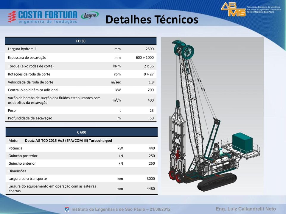 detritos da escavação m 3 /h 400 Peso t 23 Profundidade de escavação m 50 Motor C 600 Deutz AG TCD 2015 Vo8 (EPA/COM III) Turbocharged Potência kw 440