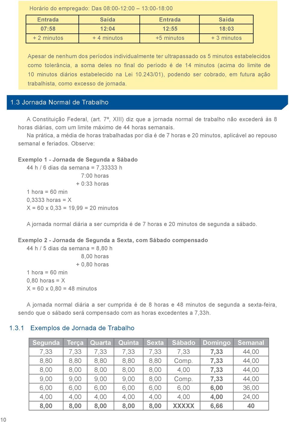 243/01), podendo ser cobrado, em futura ação trabalhista, como excesso de jornada. 1.3 Jornada Normal de Trabalho A Constituição Federal, (art.