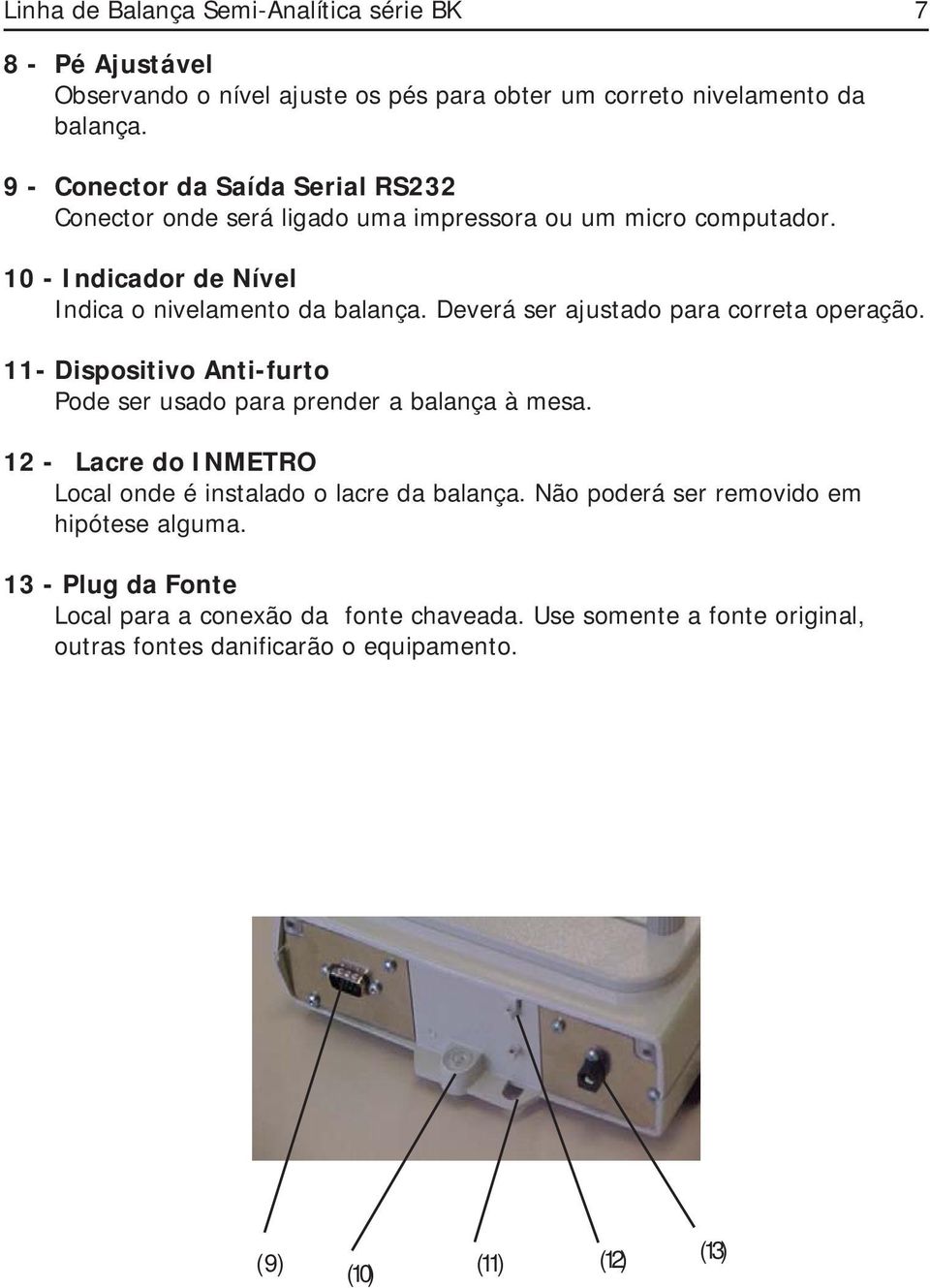 Deverá ser ajustado para correta operação. 11- Dispositivo Anti-furto Pode ser usado para prender a balança à mesa.