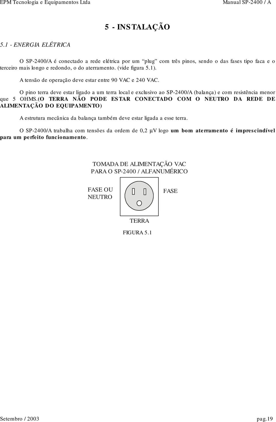 O pino terra deve estar ligado a um terra local e exclusivo ao SP-2400/A (balança) e com resistência menor que 5 OHMS.