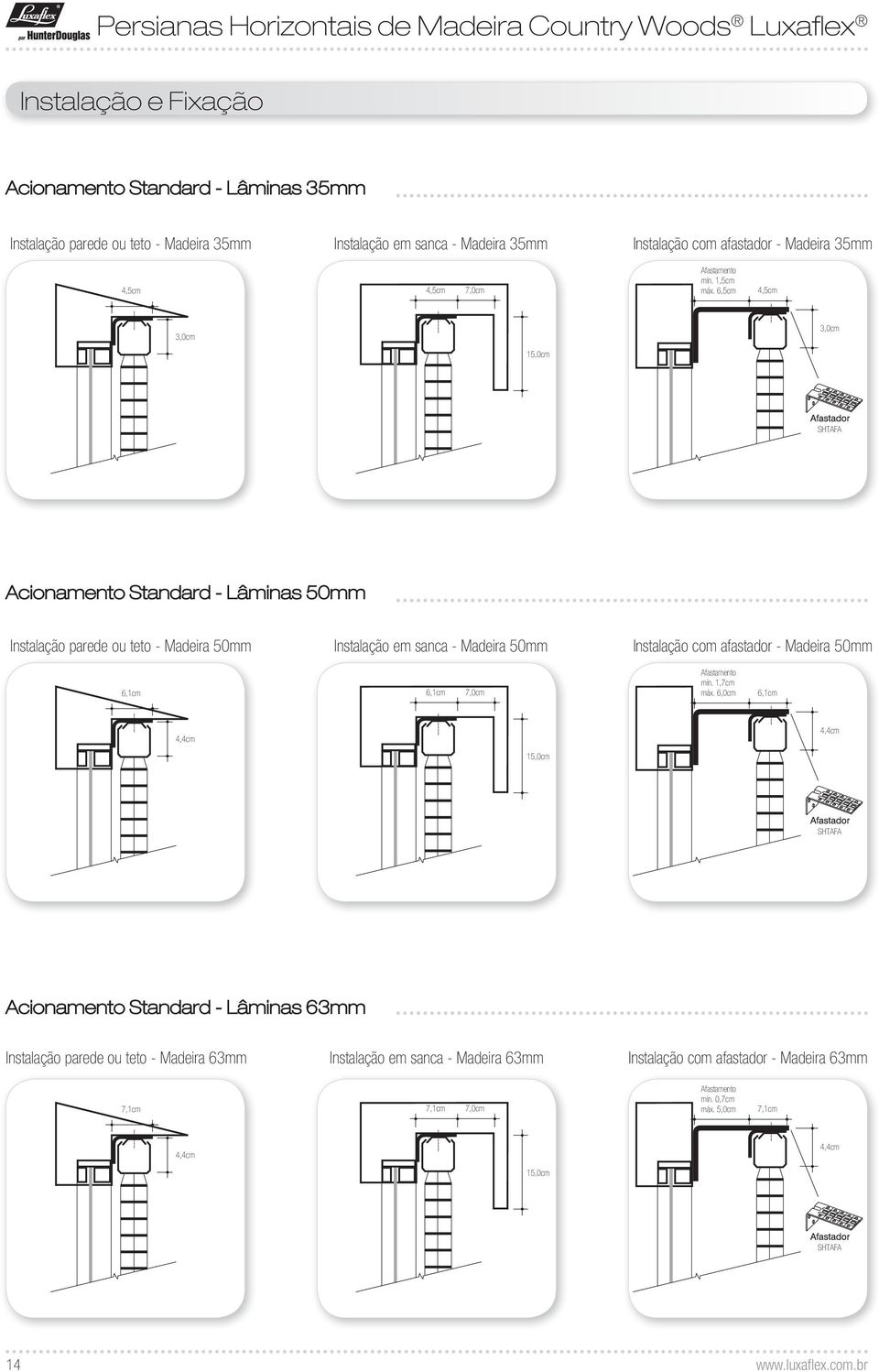 6,5cm 4,5cm 3,0cm 3,0cm 15,0cm SHTAFA Acionamento Standard - Lâminas 50mm Instalação parede ou teto - Madeira 50mm Instalação em sanca - Madeira 50mm Instalação com afastador - Madeira