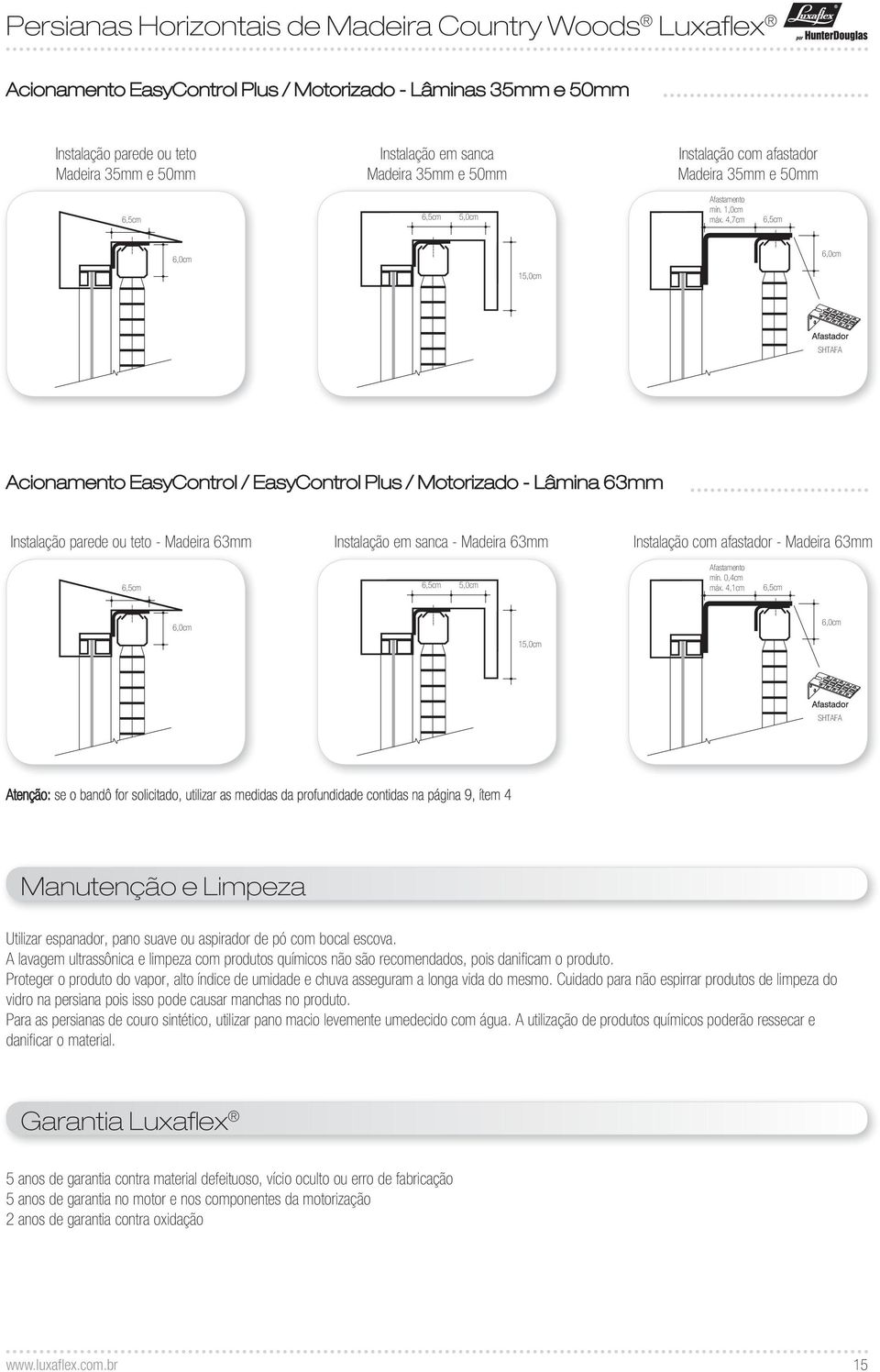 4,7cm 6,5cm 6,0cm 6,0cm 15,0cm SHTAFA Acionamento EasyControl / EasyControl Plus / Motorizado - Lâmina 63mm Instalação parede ou teto - Madeira 63mm Instalação em sanca - Madeira 63mm Instalação com