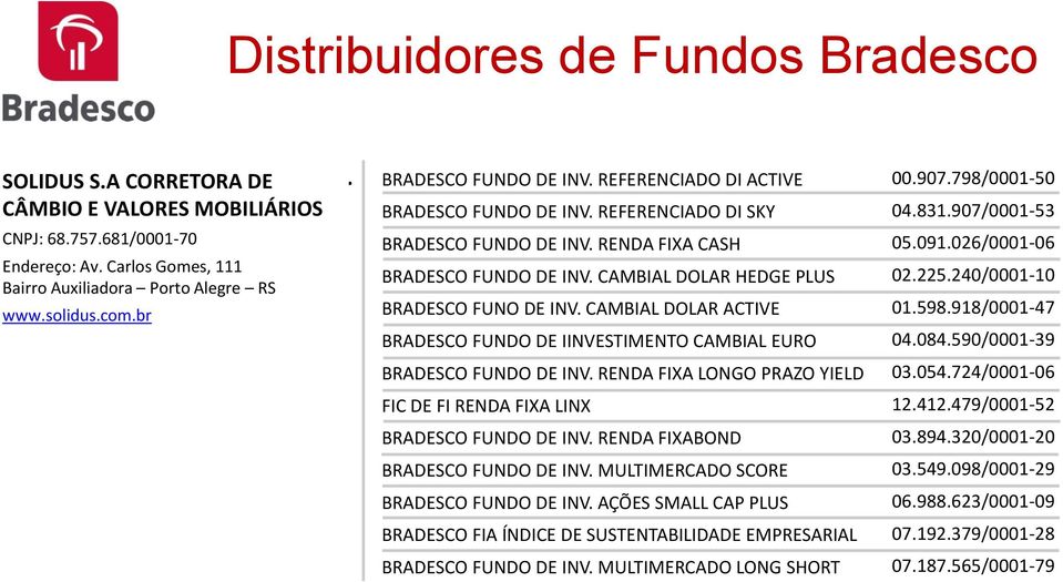 RENDA FIXA CASH BRADESCO FUNDO DE INV. CAMBIAL DOLAR HEDGE PLUS BRADESCO FUNO DE INV. CAMBIAL DOLAR ACTIVE BRADESCO FUNDO DE IINVESTIMENTO CAMBIAL EURO BRADESCO FUNDO DE INV.