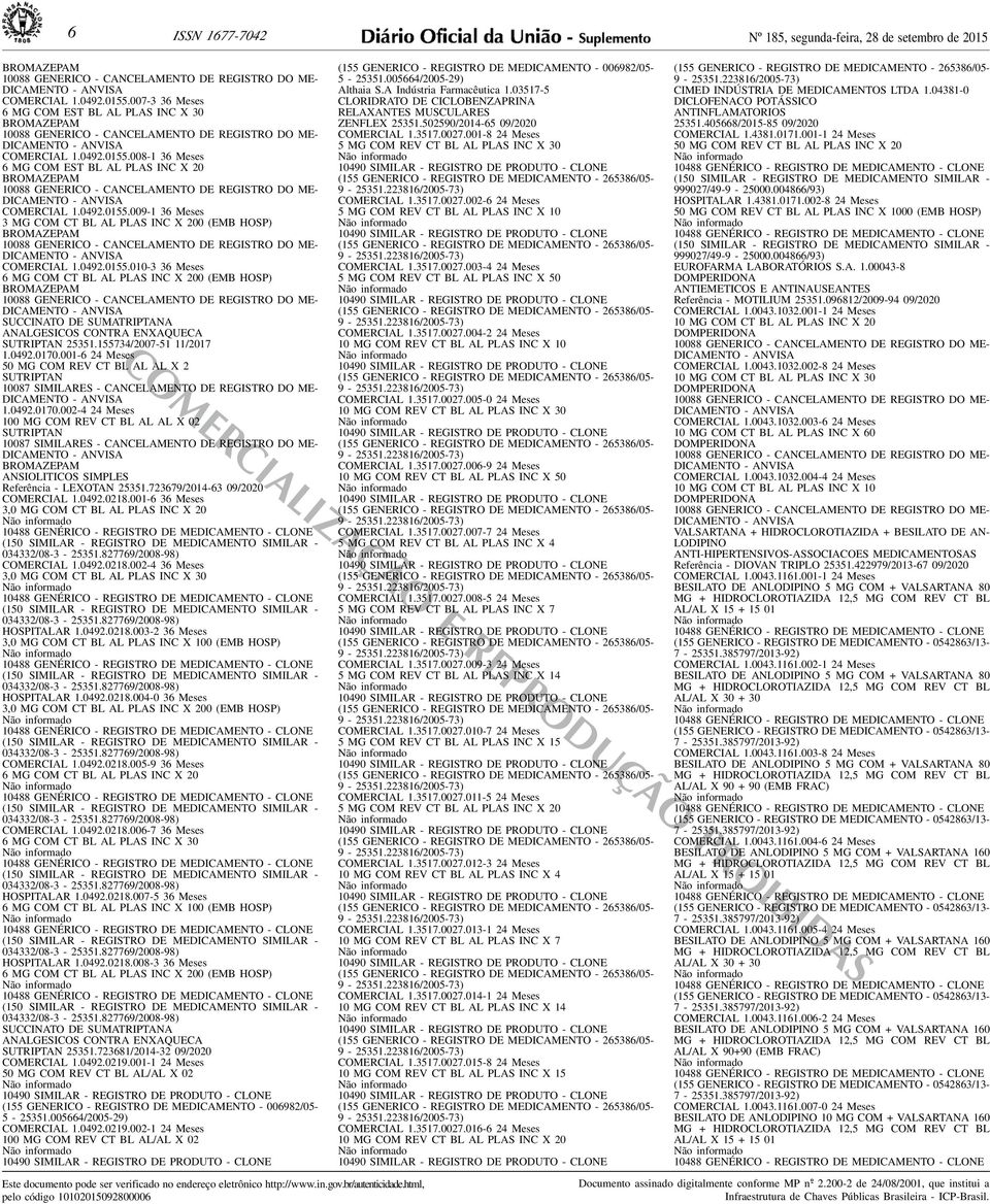 GENERICO - CANCELAMENTO DE REGISTRO DO ME- DICAMENTO - ANVISA COMERCIAL 104920155009-1 36 Meses 3 MG COM CT BL AL PLAS INC X 200 (EMB HOSP) B R O M A Z E PA M 10088 GENERICO - CANCELAMENTO DE