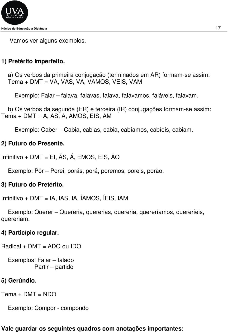 b) Os verbos da segunda (ER) e terceira (IR) conjugações formam-se assim: Tema + DMT = A, AS, A, AMOS, EIS, AM Exemplo: Caber Cabia, cabias, cabia, cabíamos, cabíeis, cabiam. 2) Futuro do Presente.