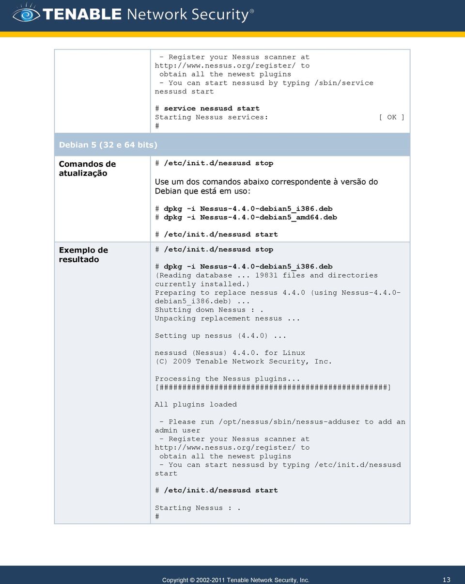 /etc/init.d/nessusd stop Use um dos comandos abaixo correspondente à versão do Debian que está em uso: # dpkg -i Nessus-4.4.0-debian5_i386.deb # dpkg -i Nessus-4.4.0-debian5_amd64.deb # /etc/init.