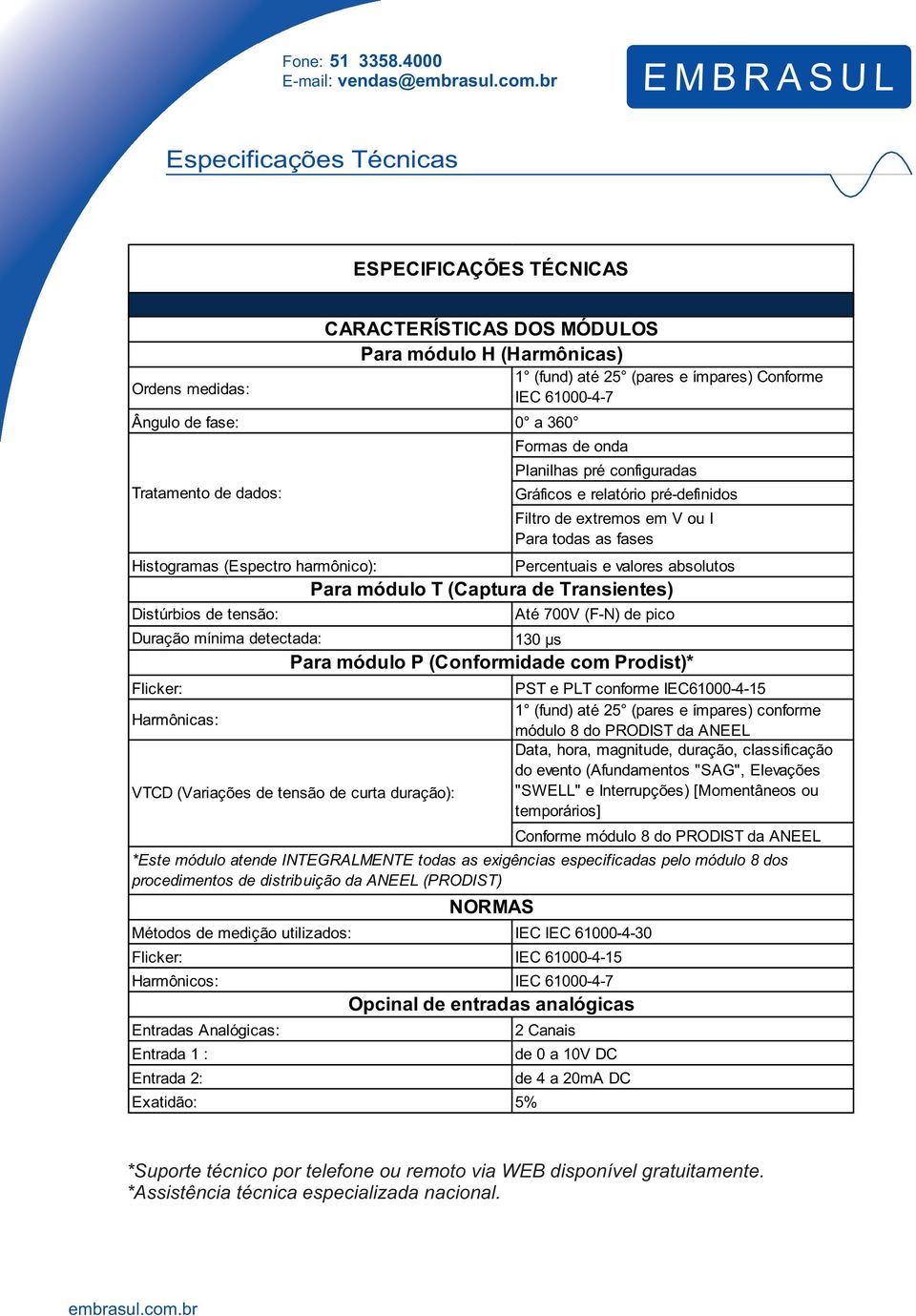 700V (F-N) de pico 130 μs Métodos de medição utilizados: IEC IEC 61000-4-30 Flicker: IEC 61000-4-15 Harmônicos: IEC 61000-4-7 Entradas Analógicas: Entrada 1 : Entrada 2: CARACTERÍSTICAS DOS MÓDULOS