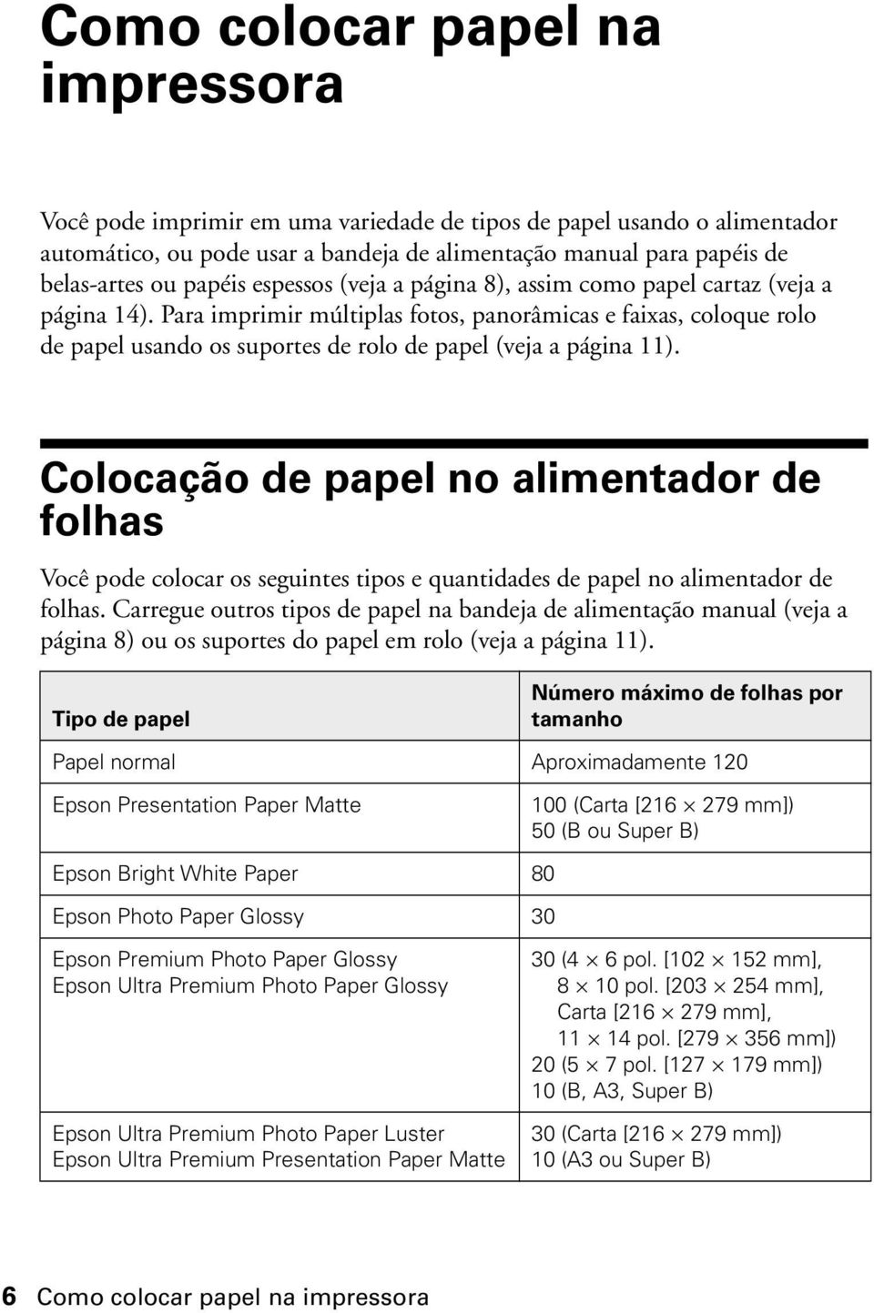 Para imprimir múltiplas fotos, panorâmicas e faixas, coloque rolo de papel usando os suportes de rolo de papel (veja a página 11).