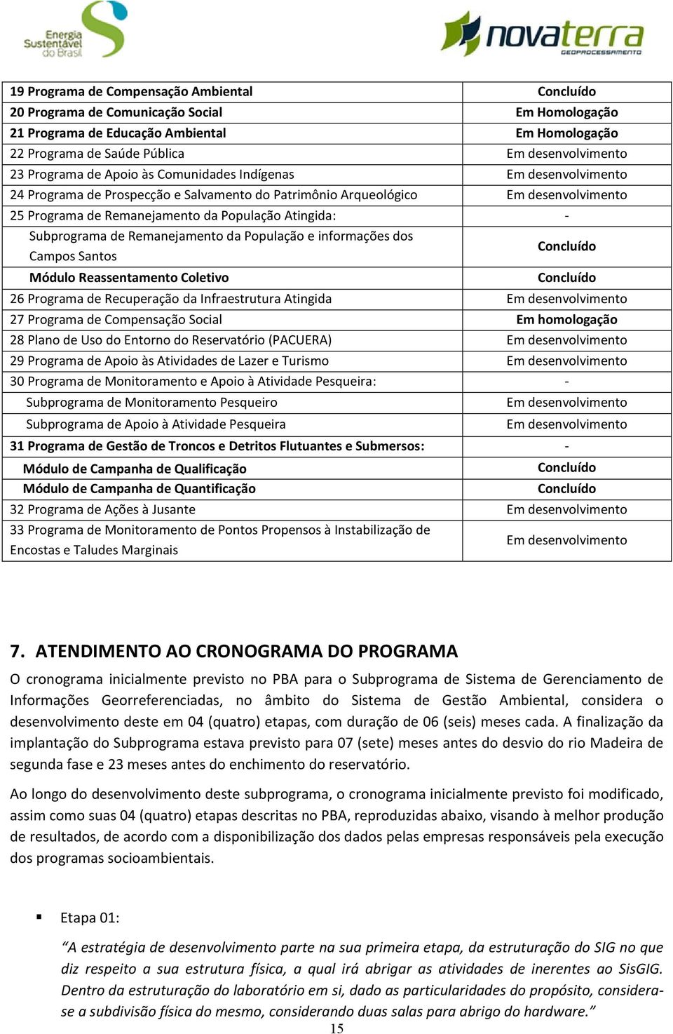 - Subprograma de Remanejamento da População e informações dos Campos Santos Módulo Reassentamento Coletivo Concluído Concluído 26 Programa de Recuperação da Infraestrutura Atingida Em desenvolvimento