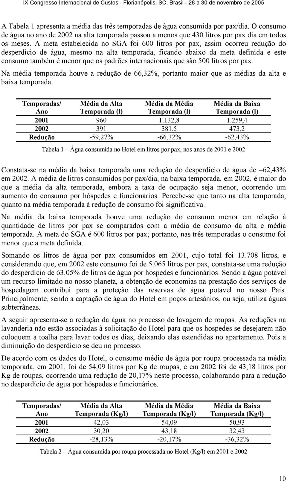 internacionais que são 500 litros por pax. Na média temporada houve a redução de 66,32%, portanto maior que as médias da alta e baixa temporada.