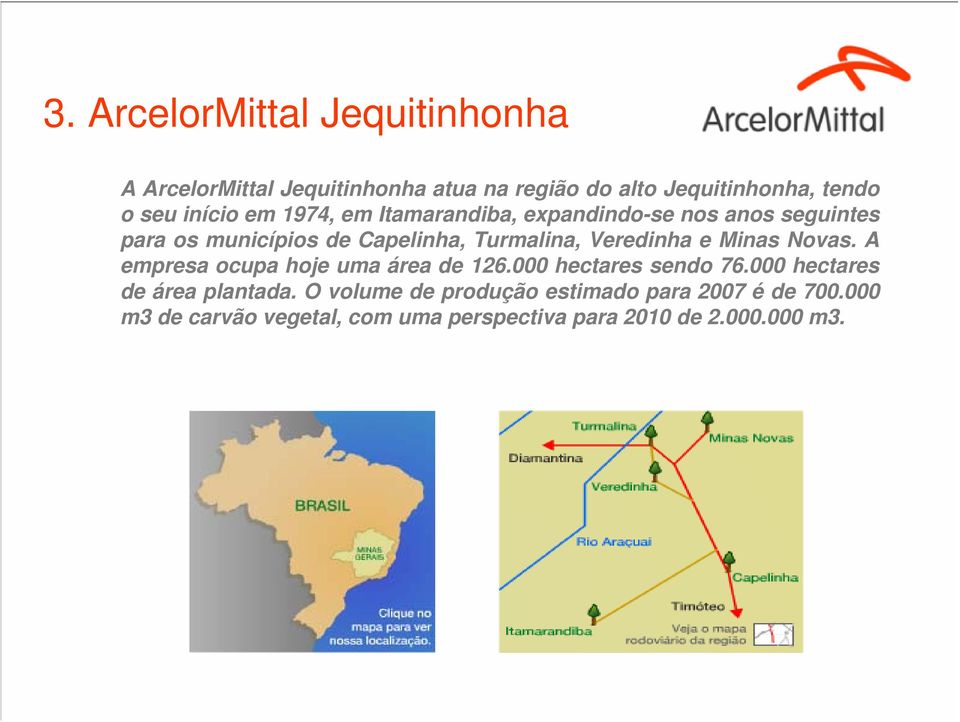 Veredinha e Minas Novas. A empresa ocupa hoje uma área de 126.000 hectares sendo 76.000 hectares de área plantada.