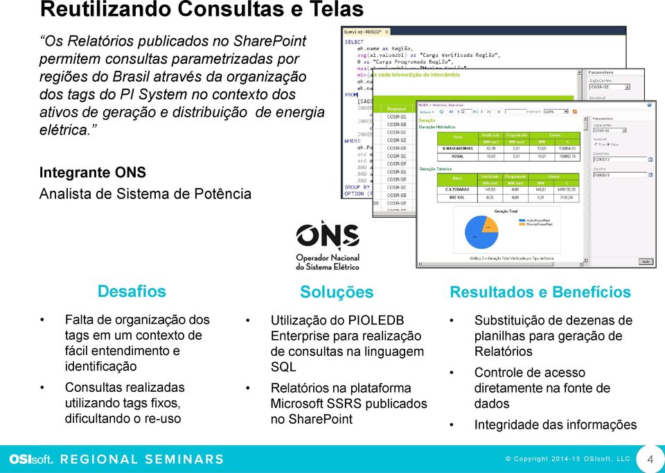 Integrante ONS Analista de Sistema de Potência Desafios Falta de organização dos tags em um contexto de fácil entendimento e identificação Consultas realizadas utilizando tags fixos, dificultando o