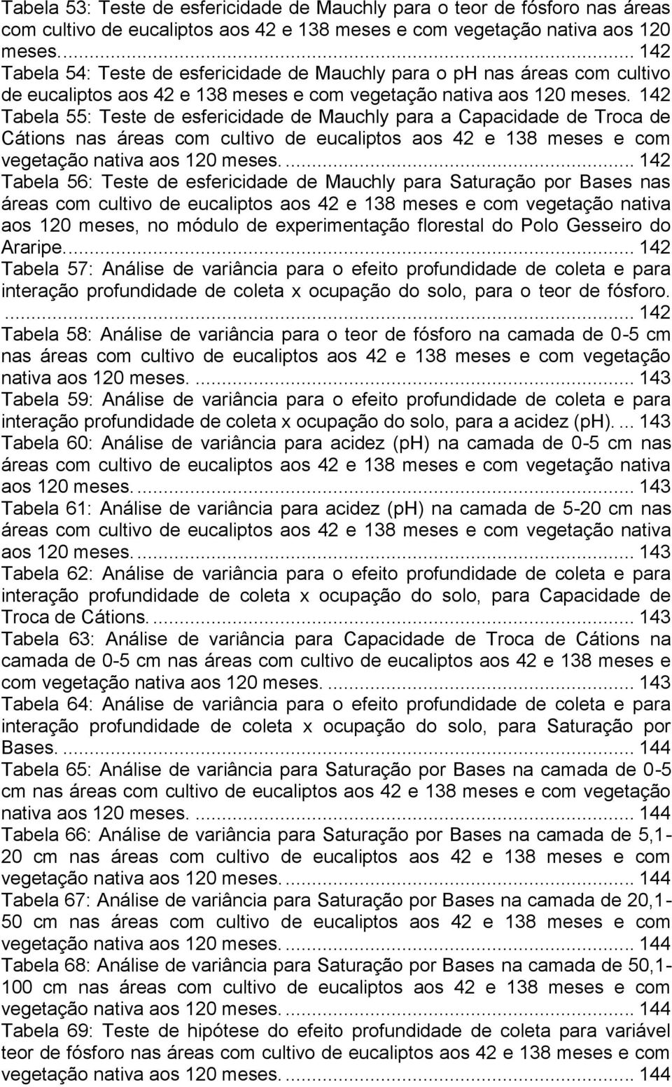 142 Tabela 55: Teste de esfericidade de Mauchly para a Capacidade de Troca de Cátions nas áreas com cultivo de eucaliptos aos 42 e 138 meses e com vegetação nativa aos 120 meses.