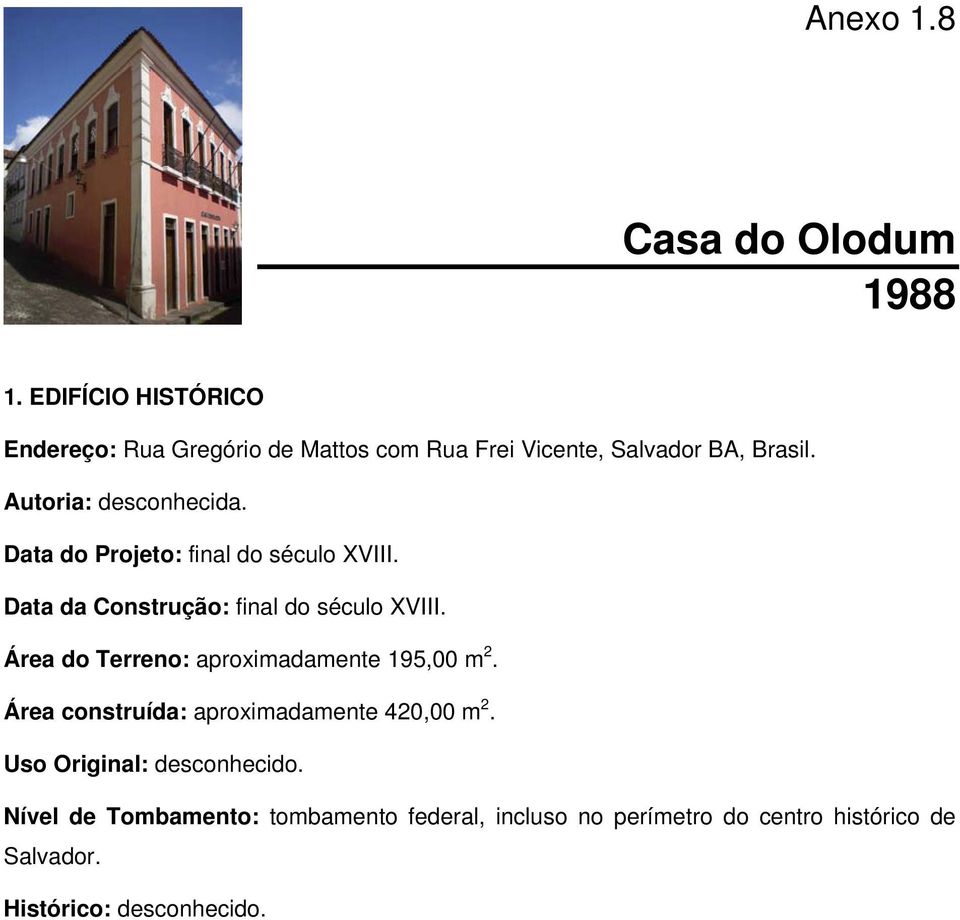 Data do Projeto: final do século XVIII. Data da Construção: final do século XVIII.