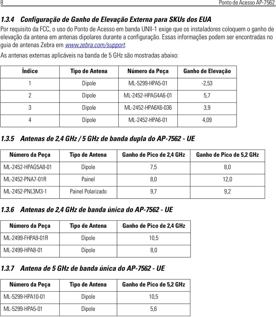 antenas dipolares durante a configuração. Essas informações podem ser encontradas no guia de antenas Zebra em www.zebra.com/support.