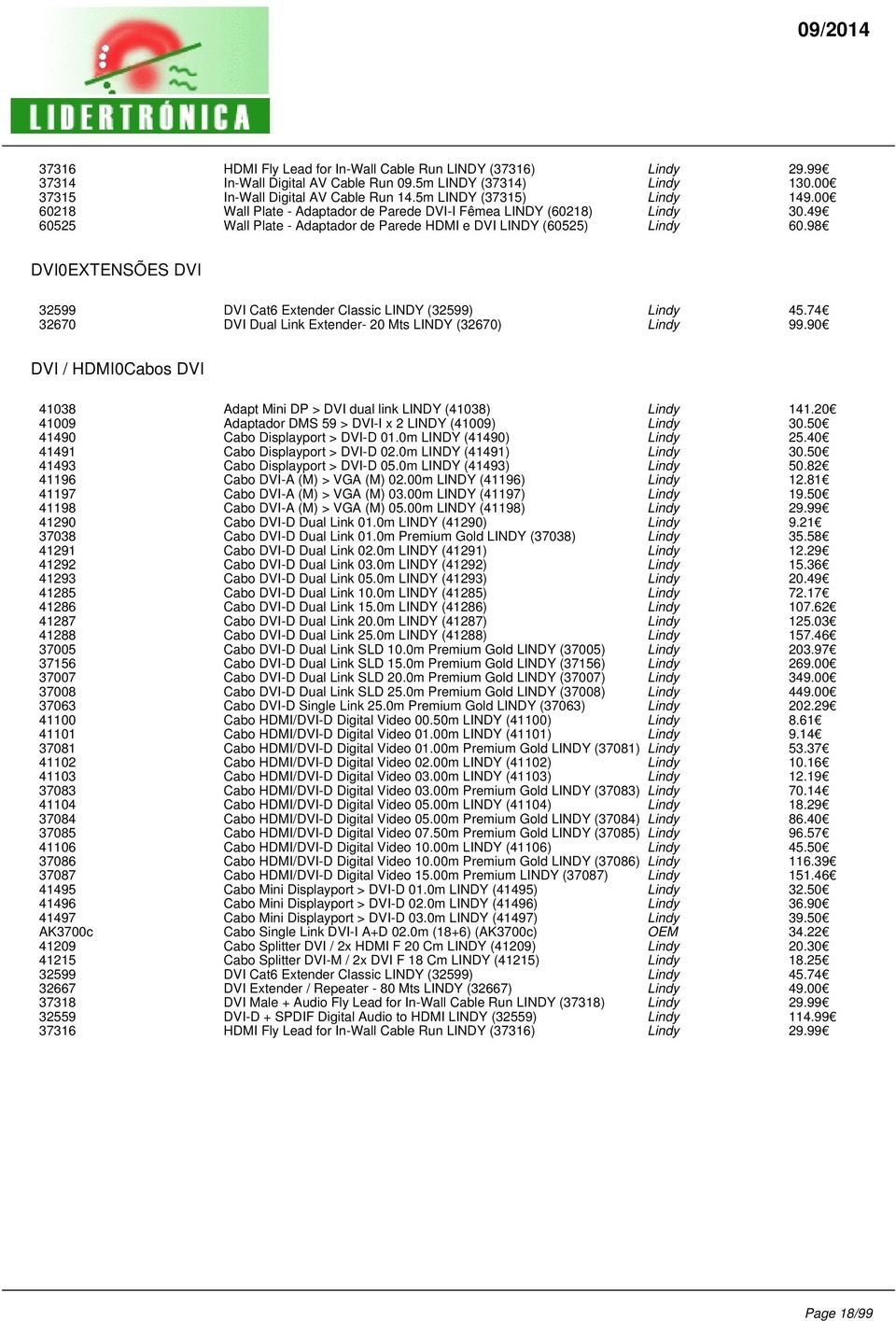 98 DVI0EXTENSÕES DVI 32599 DVI Cat6 Extender Classic LINDY (32599) Lindy 45.74 32670 DVI Dual Link Extender- 20 Mts LINDY (32670) Lindy 99.